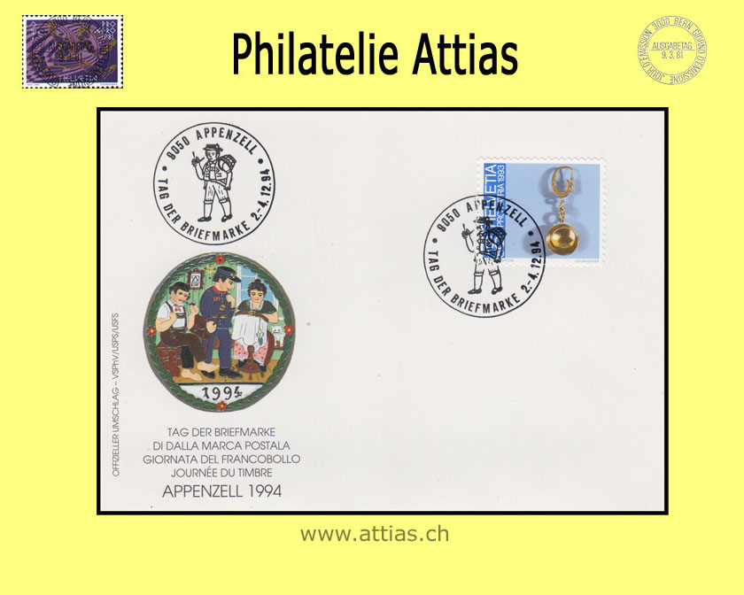 CH 1994 Stamp Day Appenzell AI, card cancelled 2.-4.12.94 9050 Appenzell