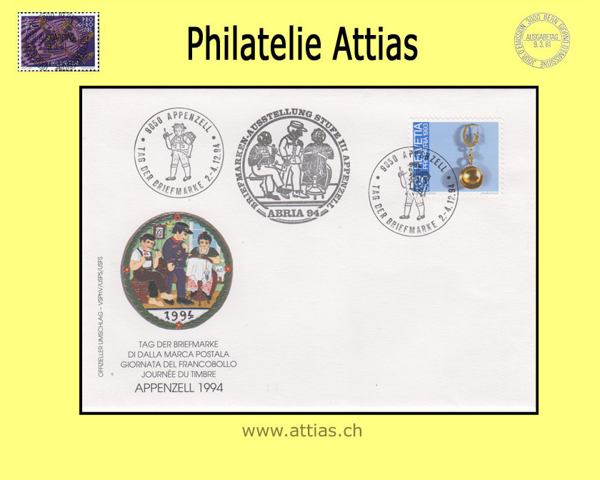 CH 1994 Stamp Day Appenzell AI, cover cancelled 2.-4.12.94 9050 Appenzell with imprint ABRIA 94