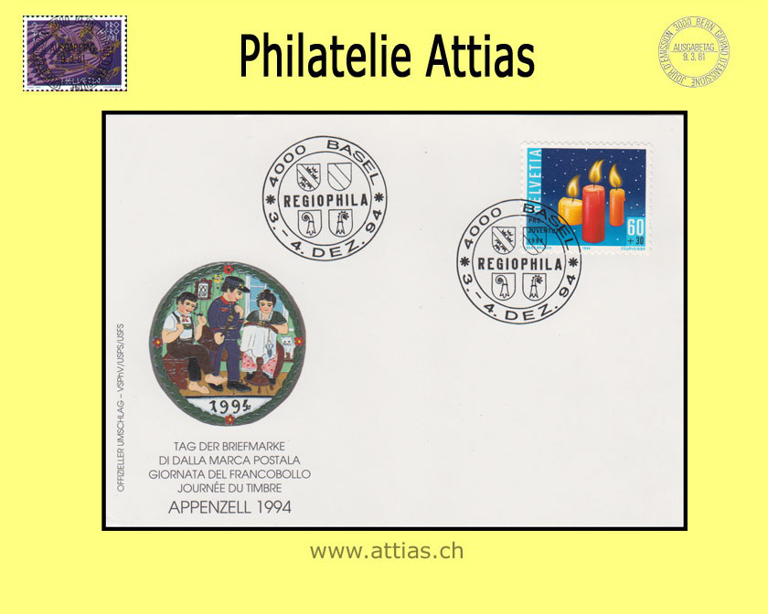 CH 1994 Stamp Day Appenzell AI, card cancelled 3.-4. Dez. 94 4000 Basel - Regiophila