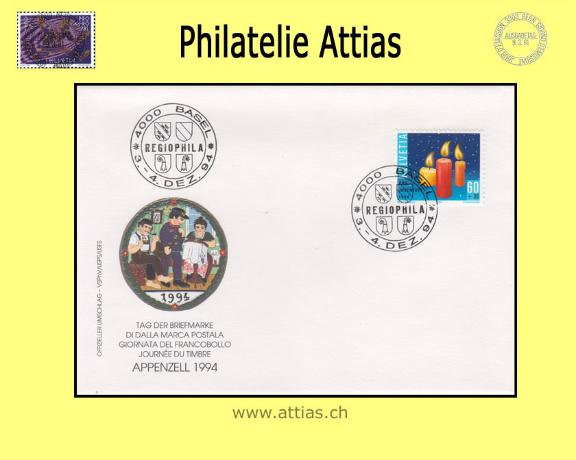 CH 1994 Stamp Day Appenzell AI, cover cancelled 3.-4. Dez. 94 4000 Basel - Regiophila