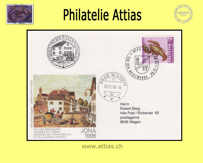 CH 1996 Stamp Day Jona SG, card cancelled 29.11.-1.12.1996 8645 Jona with add-on cancellation Rickenpostkutsche