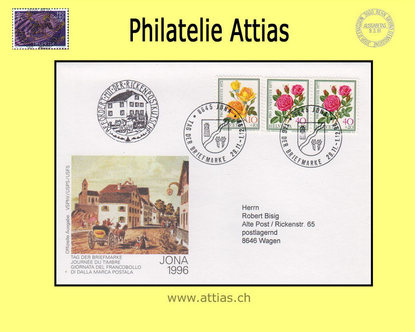 CH 1996 Stamp Day Jona SG, cover cancelled 29.11.-1.12.1996 8645 Jona with add-on cancellation Rickenpostkutsche