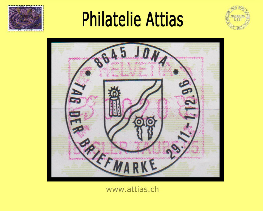 CH 1996 Stamp Day Jona SG, Special cancellation Tag der Briefmarke 1996 on Frama stamp (ATM)