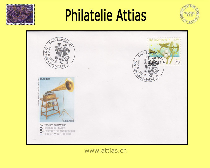 CH 1997 Stamp Day Burgdorf BE, cover cancelled 5.-7.12.1997 3400 Burgdorf
