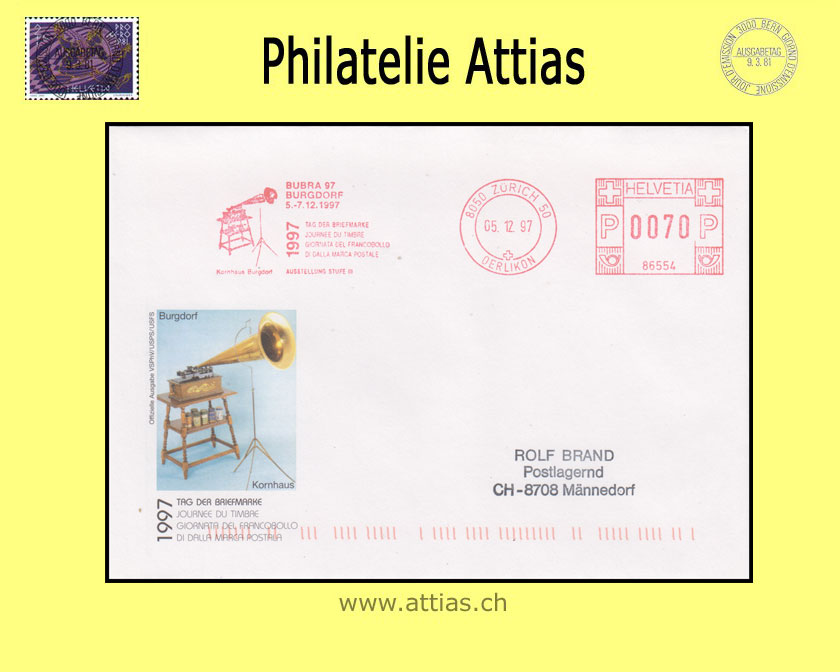 CH 1997 Stamp Day Burgdorf BE, cover cancelled with franking machine VSPhV 05.12.97 8050 Zurich 50 Oerlikon