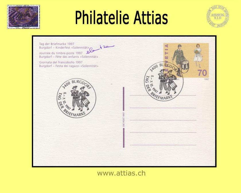 CH 1997 Stamp Day Burgdorf BE,  postal card cancelled 5.-7.12.1997 3400 Burgdorf signature designer