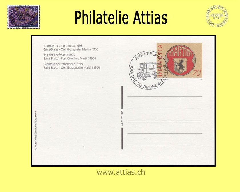 CH 1998 Stamp Day St-Blaise NE,  postal card cancelled 4.-6.12.1998 2072 St-Blaise