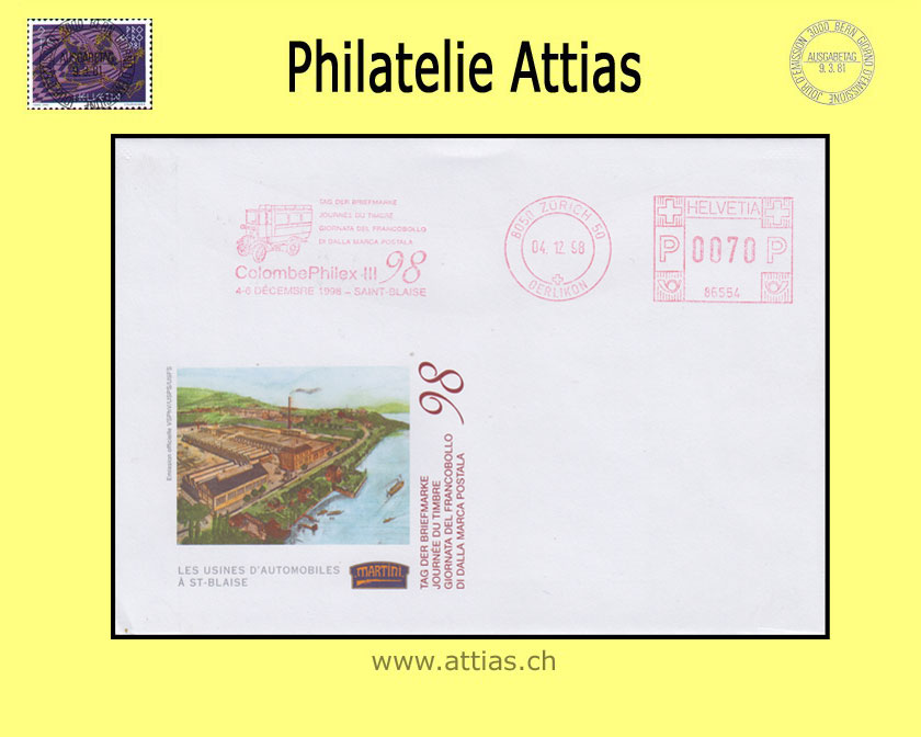 CH 1998 Stamp Day St-Blaise NE, cover cancelled with franking machine VSPhV 04.12.98 8050 Zurich 50 Oerlikon