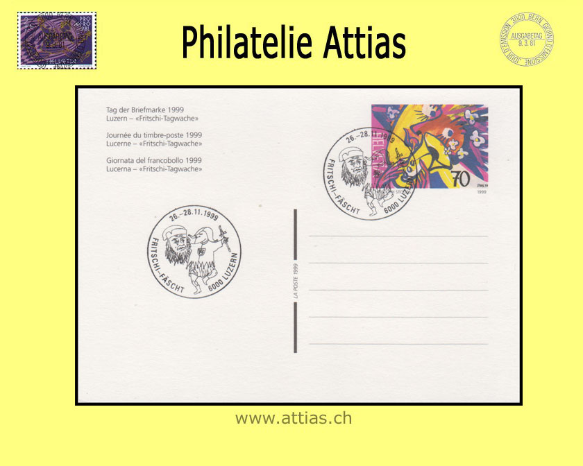 CH 1999 Stamp Day Luzern LU,  postal card  cancelled 26.-28.11.1999 6000 Luzern - Fritschi-Fäscht