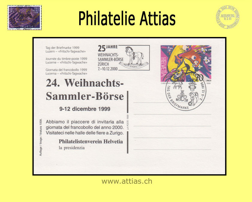 CH 1999 Stamp Day Luzern LU,  postal card  cancelled 3.-5.12.1999 6000 Luzern, printed invitation card in Italian