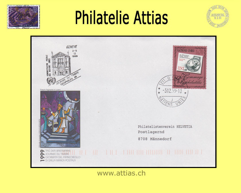 CH 1999 Stamp Day Luzern LU, cover  cancelled 3.12.99 1211 Geneve Nations Unies (UNO Geneva CH)