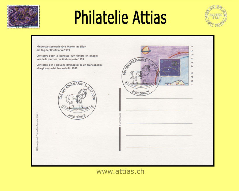 CH 2000 Stamp Day Zurich ZH,  postal card Taxe Percue cancelled 7.-10.12.2000 8000 Zürich