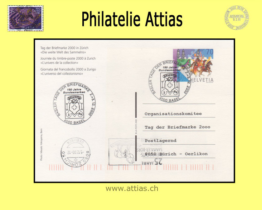 CH 2000 Stamp Day Zurich ZH, postal card cancelled 2.+3.12.2000 4000 Basel - Basler Tage der Briefmarke