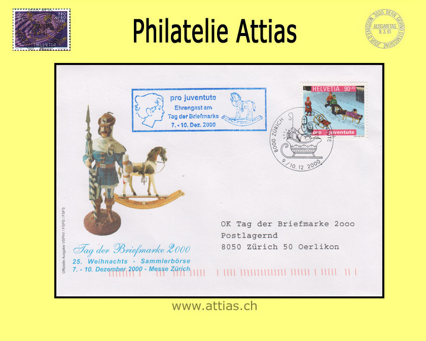 CH 2000 Stamp Day Zurich ZH, cover cancelled 9./10.12.2000 8000 Zürich - Pro Juventute & blue add-on cancellation