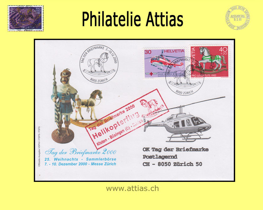 CH 2000 Stamp Day Zurich ZH, cover cancelled 7.-10.12.2000 8000 Zürich & red add-on canc. Helicopter flight