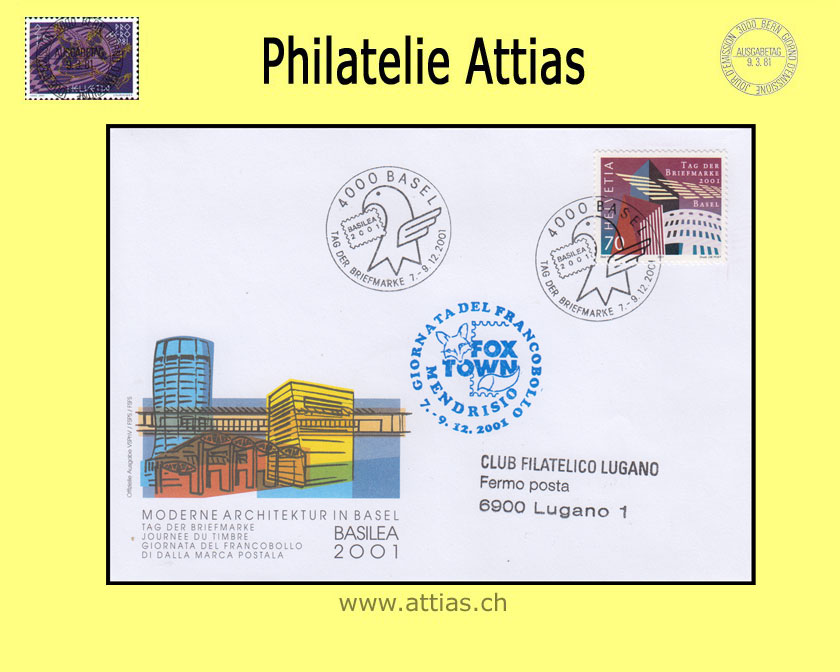 CH 2001 Stamp Day Basel BS, cover  cancelled 7.-9.12.2001 4000 Basel and blue add-on cancellation FOX TOWN