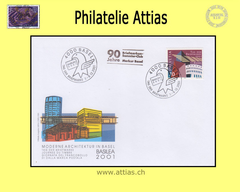 CH 2001 Stamp Day Basel BS, cover  cancelled 7.-9.12.2001 4000 Basel with add-on cancellation 90 J. Merkur