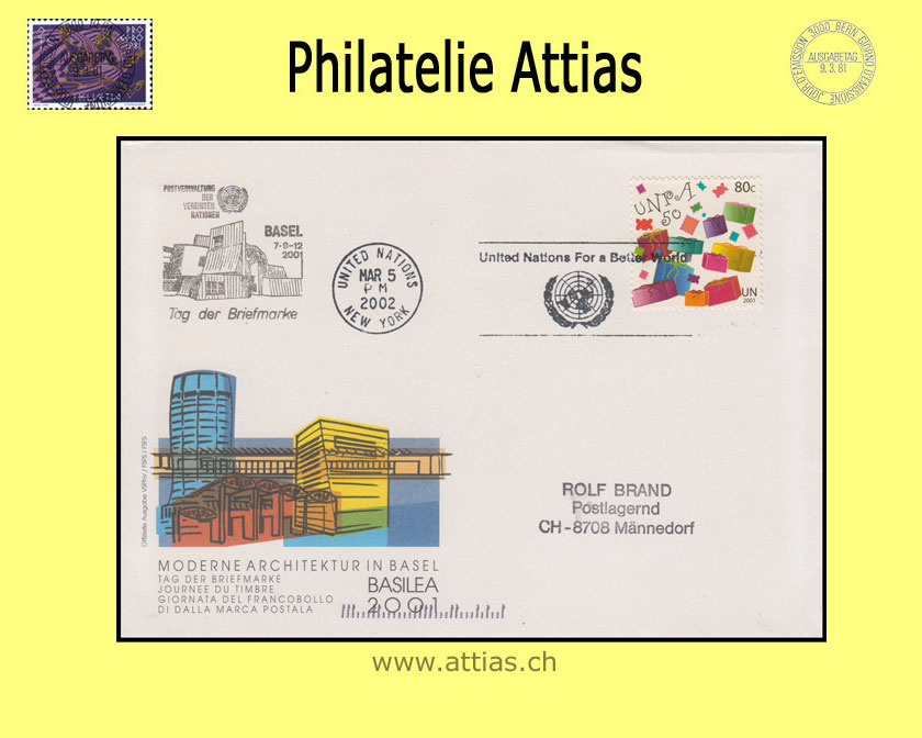 CH 2001 Stamp Day Basel BS, cover  cancelled UN-5.3.2002 United Nations New York (UNO NY)