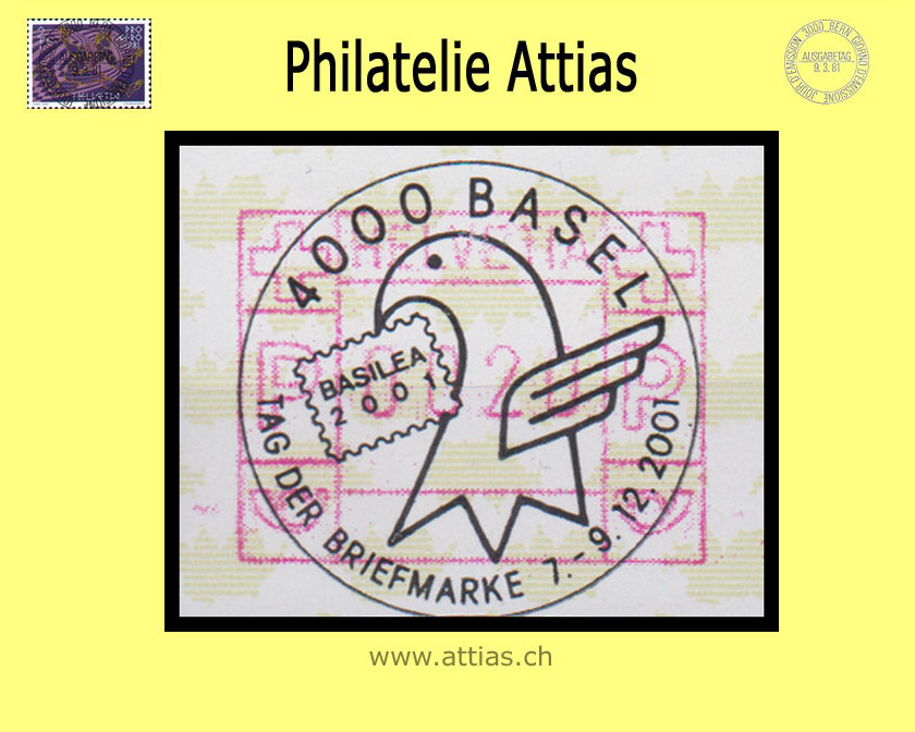 CH 2001 Stamp Day Basel BS, Special cancellation Tag der Briefmarke 2001 on Frama stamp (ATM)