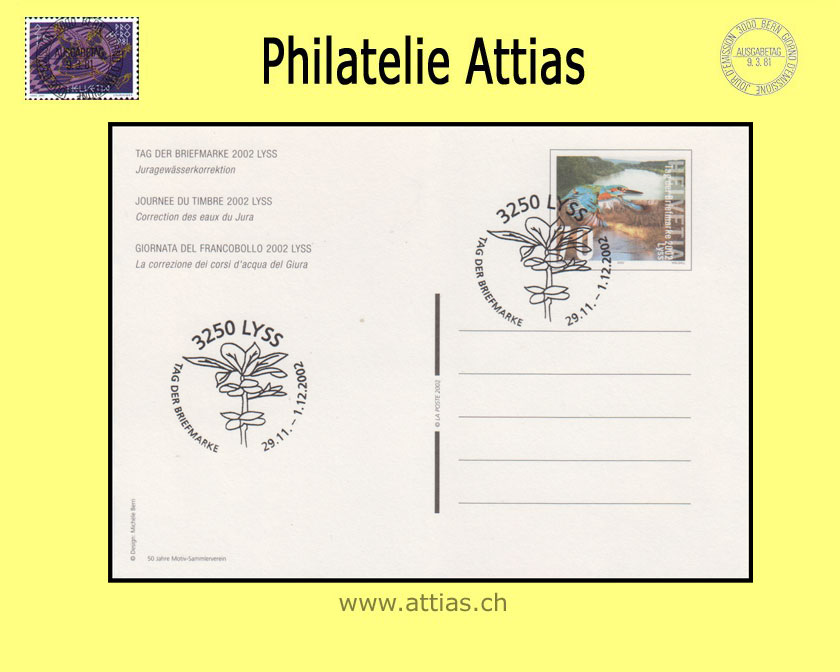 CH 2002 Stamp Day Lyss BE,  postal card cancelled 29.11.-1.12.2002