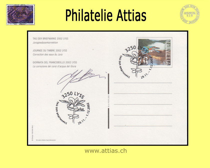 CH 2002 Stamp Day Lyss BE,  postal card cancelled 29.11.-1.12.2002 with the designer's signature
