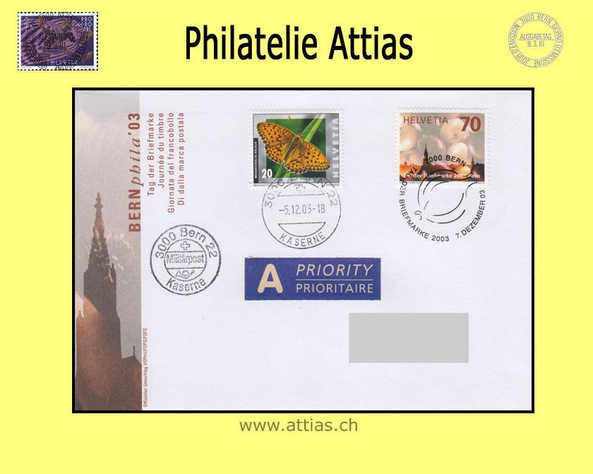 CH 2003 Stamp Day Bern BE,  cover cancelled 7. Dezember 03 3000 Bern, A-Post via 3000 Bern 22 Kaserne derived