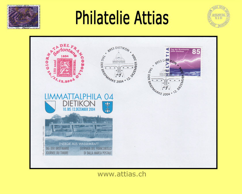 CH 2004 Stamp Day Dietikon ZH, cover cancelled 2. Dezember 2004 8953 Dietikon with add-on cancellation Serfontana