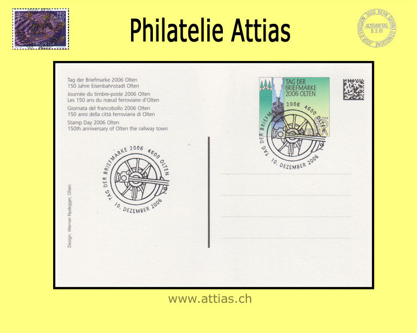CH 2006 Stamp Day Olten SO,  postal card  cancelled 10. Dezember 2006 4600 Olten