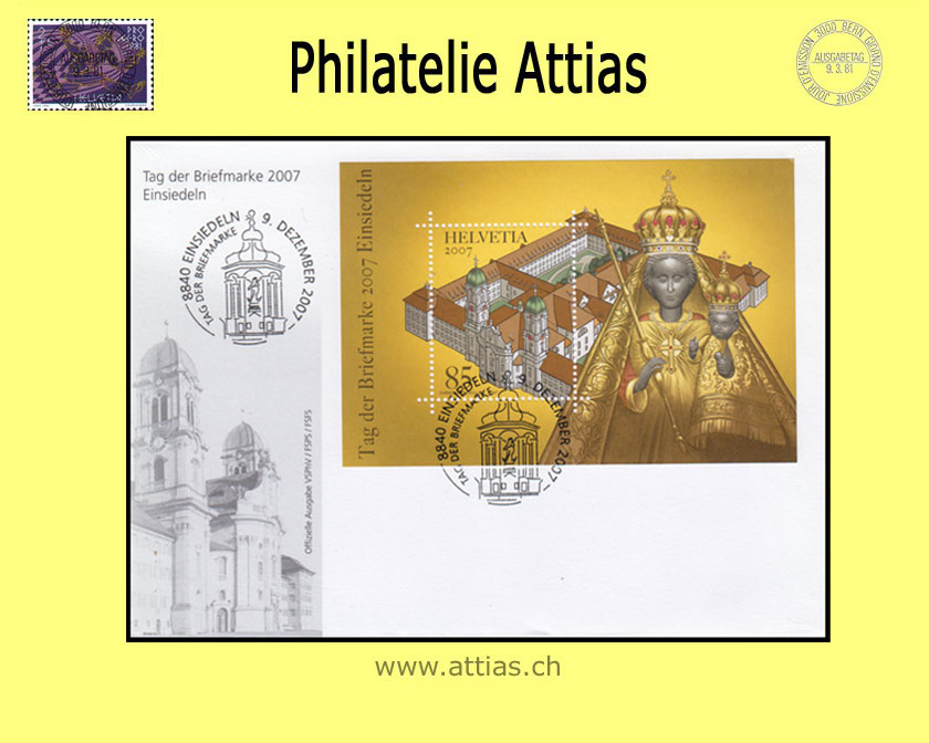 CH 2007 Stamp Day Einsiedeln SZ, cover C6 with bloc cancelled 9. Dezember 2007 8840 Einsiedeln