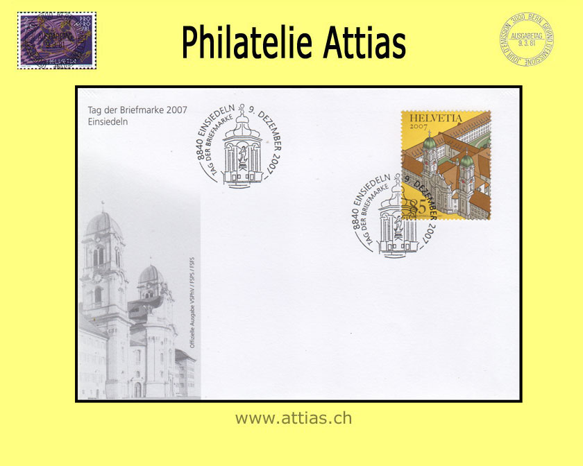 CH 2007 Stamp Day Einsiedeln SZ, cover C6 with stamp out of bloc cancelled 9. Dezember 2007 8840 Einsiedeln