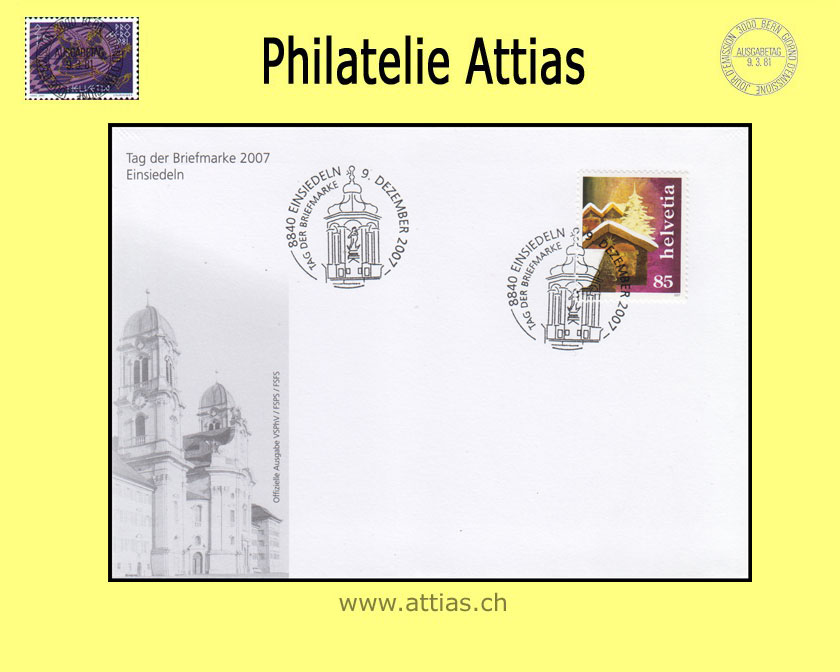CH 2007 Stamp Day Einsiedeln SZ, cover C6 with christmas stamp cancelled 9. Dezember 2007 8840 Einsiedeln