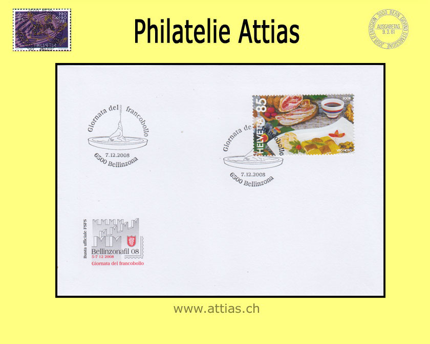 CH 2008 Stamp Day Bellinzona TI, cover C6  with stamp out of bloc cancelled 07.12.2008 6500 Bellinzona
