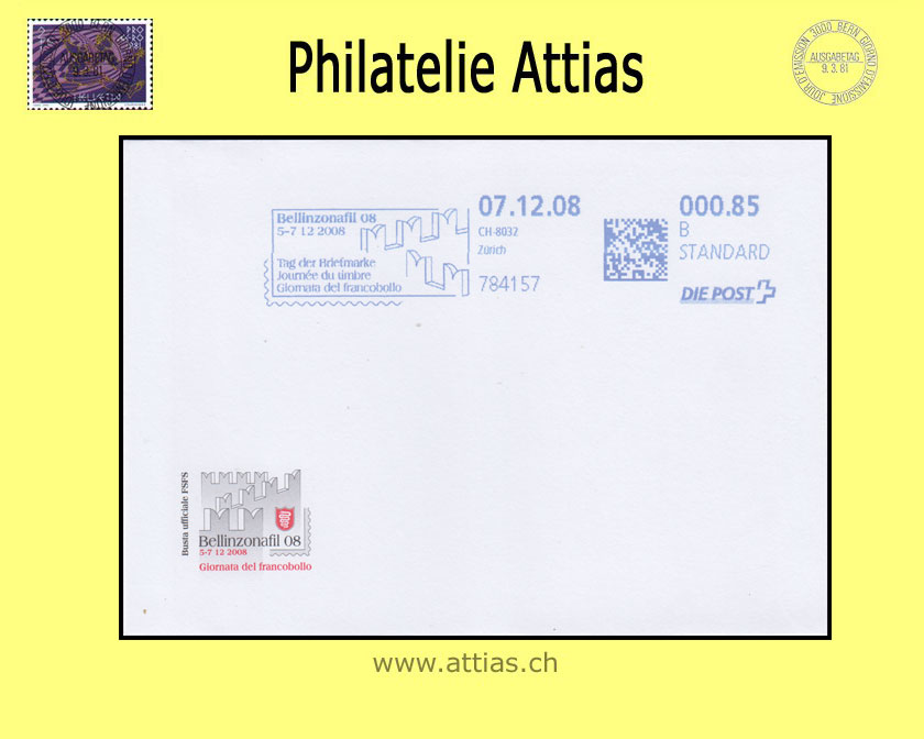 CH 2008 Stamp Day Bellinzona TI, cover C6 cancelled with franking machine VSPhV 07.12.08 8032 Zürich