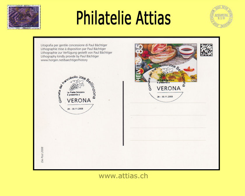 CH 2008 Stamp Day Bellinzona TI, postal card  cancelled 28.-30.11.2008 VERONA IT