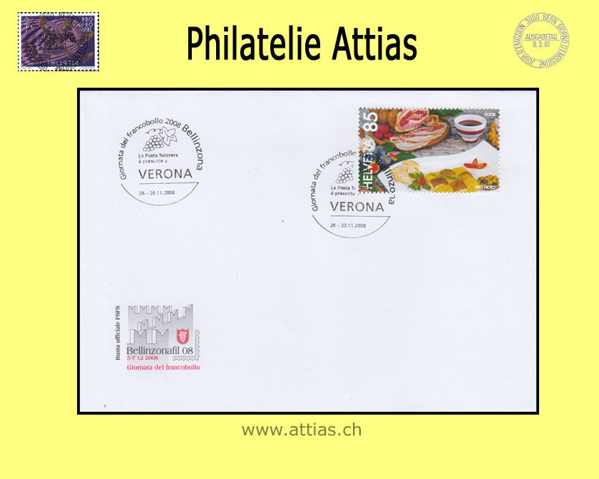 CH 2008 Stamp Day Bellinzona TI, cover C6 with stamp out of bloc cancelled 28.-30.11.2008 VERONA IT