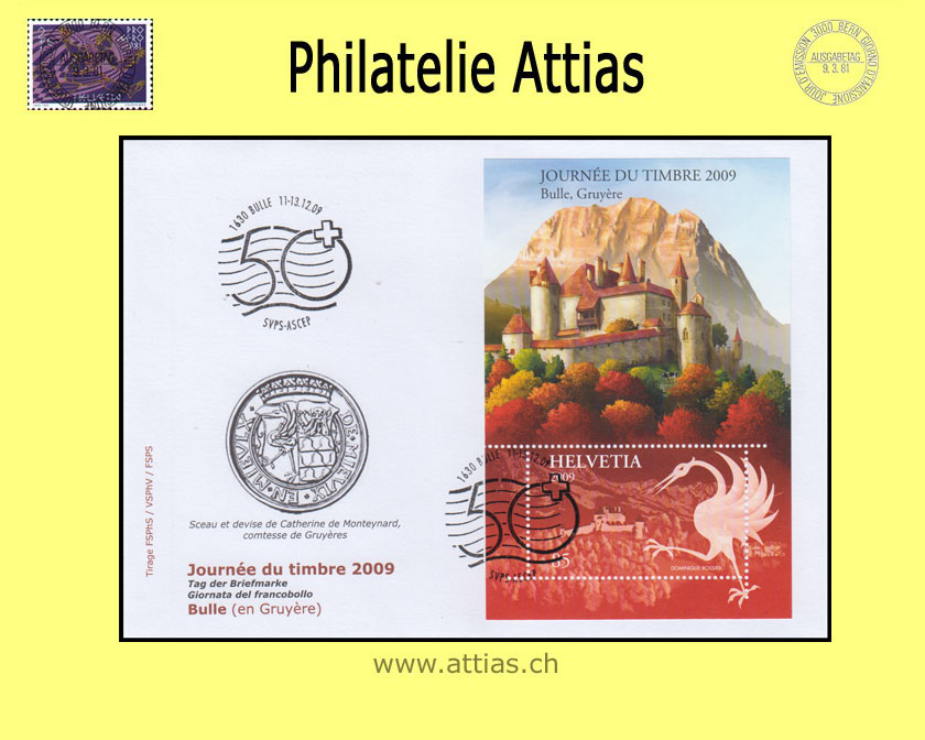 CH 2009 Stamp Day Bulle FR, cover C6  with bloc cancelled 11.-13.12.09 1630 Bulle 50 Y. SVPS-ASCEP