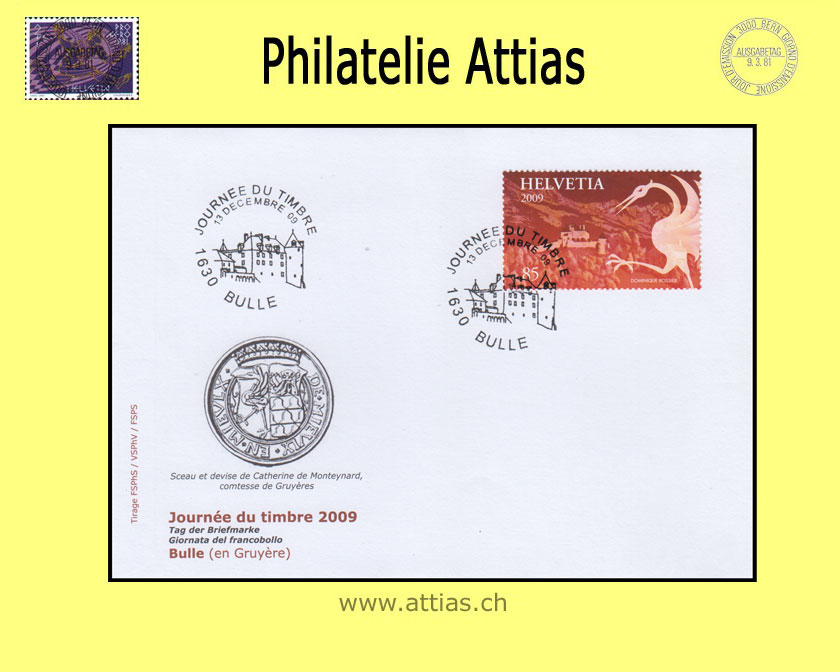 CH 2009 Stamp Day Bulle FR, cover C6  with stamp out of bloc cancelled  13 decembre 09 1630 Bulle Journée du timbre