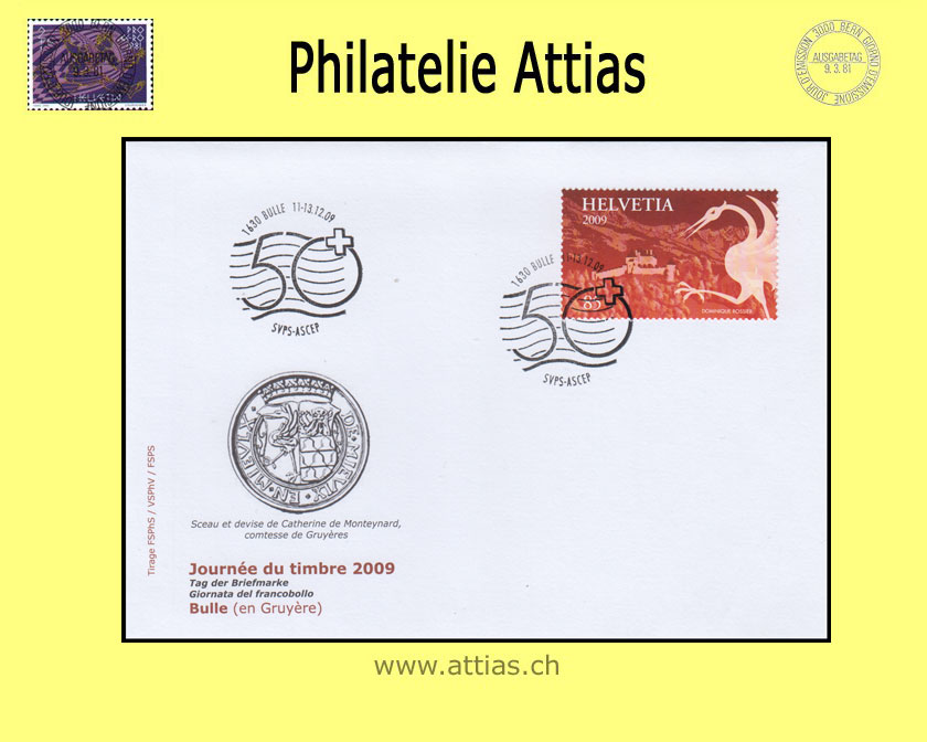 CH 2009 Stamp Day Bulle FR, cover C6  with stamp out of bloc cancelled 11.-13.12.09 1630 Bulle 50 Y. SVPS-ASCEP