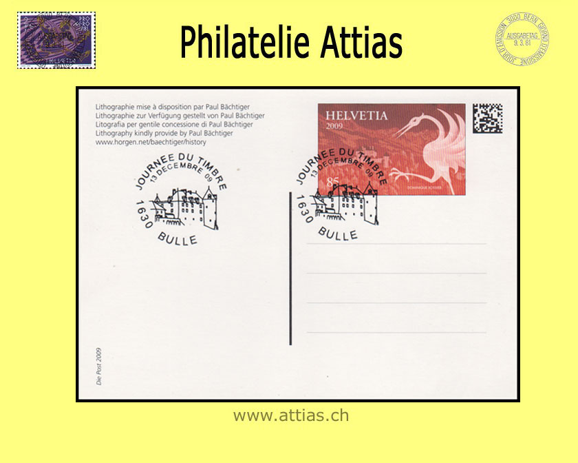 CH 2009 TdB Bulle FR, Bildpostkarte  gestempelt  13 decembre 09 1630 Bulle - Journée du timbre