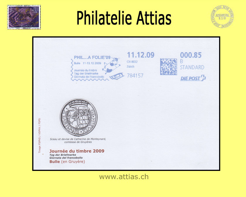 CH 2009 Stamp Day Bulle FR, cover C6 cancelled with franking machine VSPhV 11.12.09 8032 Zürich
