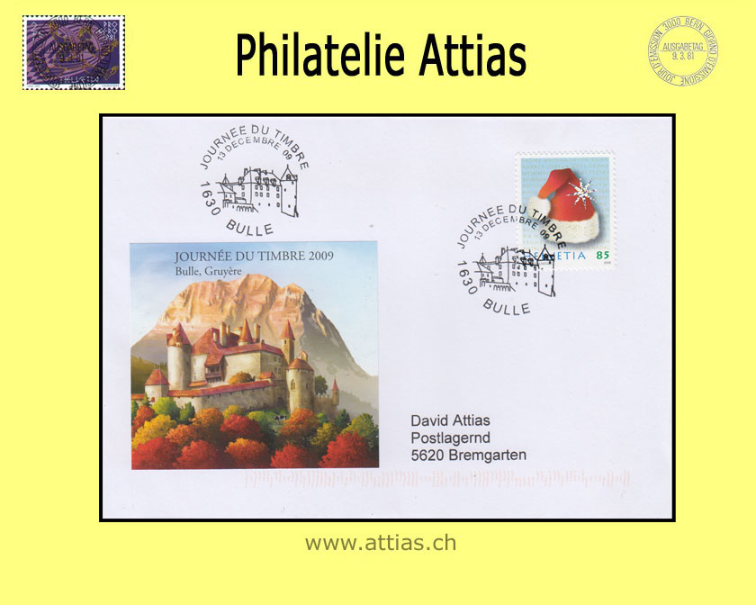 CH 2009 Stamp Day Bulle FR, cover with vignette and christmas stamp cancelled 13 decembre 09 1630 Bulle