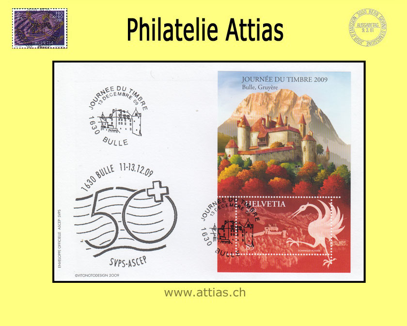 CH 2009 Stamp Day Bulle FR, society cover SVPS with bloc cancelled 13 decembre 09 1630 Bulle Journée du timbre