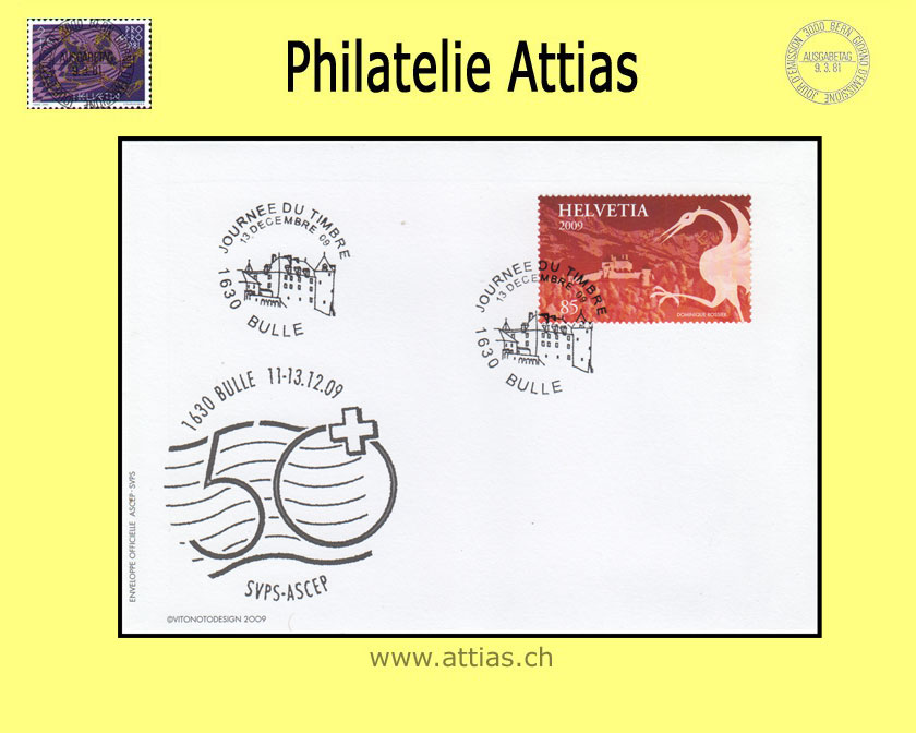 CH 2009 Stamp Day Bulle FR, society cover SVPS with stamp out of bloc cancelled 13 decembre 09 1630 Bulle Jdt