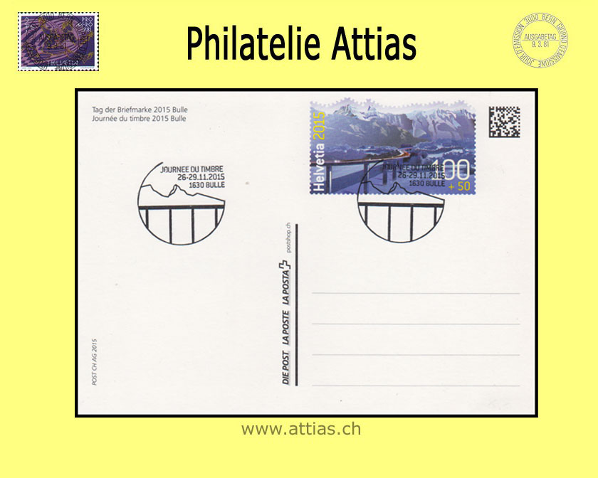 CH 2015 Stamp Day Bulle FR, postal card cancelled 26.-29.11.2015 1630 Bulle - Journée du timbre