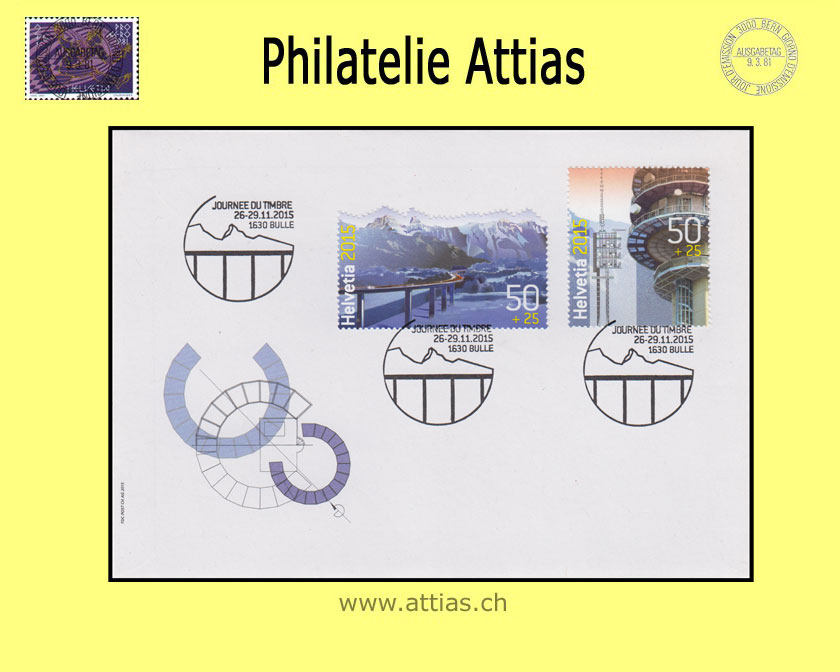 CH 2015 Stamp Day Bulle FR, cover post C6 with stamps out of bloc cancelled 26.-29.11.2015 1630 Bulle