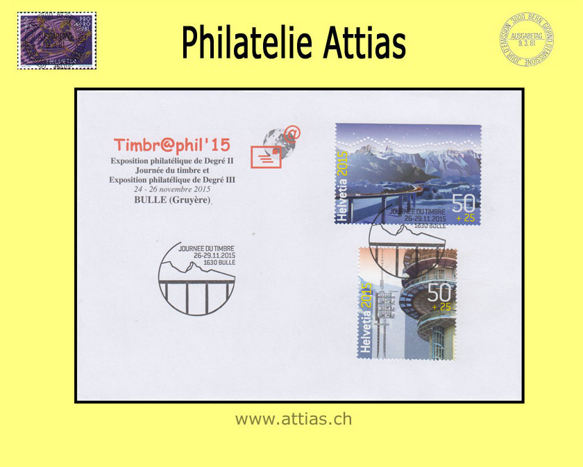 CH 2015 Stamp Day Bulle FR, society cover Bulle C6 with stamps out of bloc cancelled 26.-29.11.2015 1630 Bulle