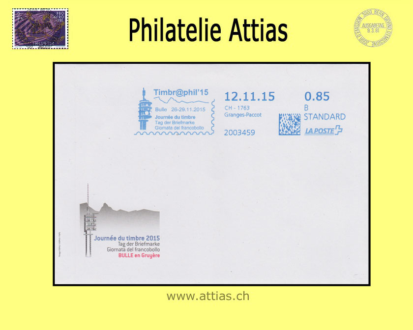 CH 2015 TdB Bulle FR, Umschlag C6 gestempelt mit Frankiermaschine VSPhV 12.11.15 1763 Granges-Paccot