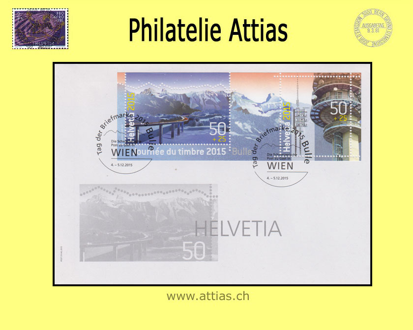 CH 2015 Stamp Day Bulle FR, cover Post abroad C6 with bloc cancelled 4.-5.12.2015 WIEN