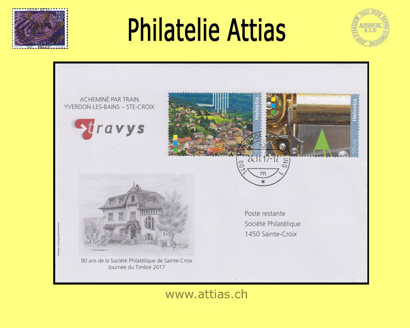 CH 2017 Stamp Day Sainte-Croix VD, cover C6 with imprint travys with stamps out of bloc