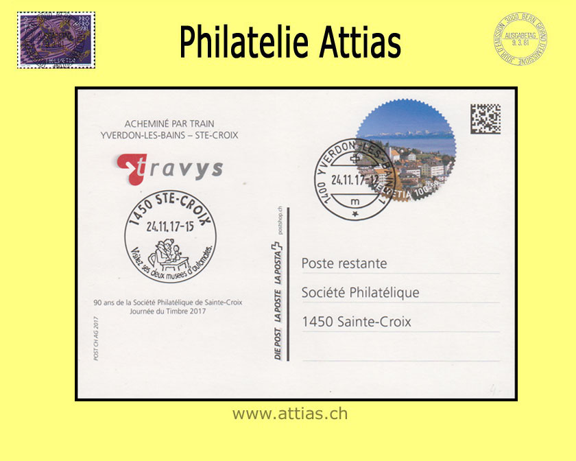 CH 2017 Stamp Day Sainte-Croix VD, postal card with imprint "travys" cancelled 24.11.17 - 1400 Yverdon-les-Bains